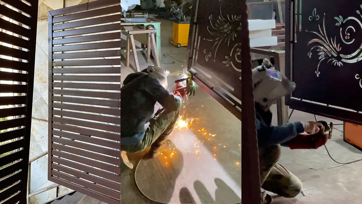 Sudură la un panou de gard metalic în atelier